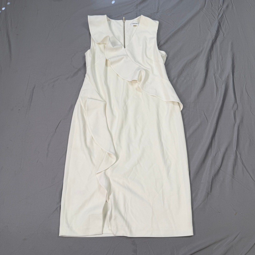 Calvin Klein Womens Cream White Ruffle V-Neck Sheath Dress Size 12 Sleeveless